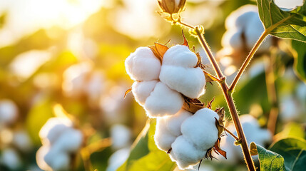 cotton field bathed in warm sunlight, capturing the beauty and symbolism of growth, agriculture, and rural life. The endless rows of cotton plants symbolize prosperity and the fruits of labor