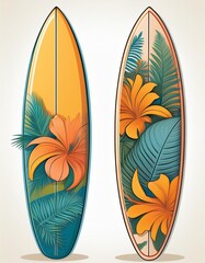 Surfboard vector set in tropical design. Surfing board or surfboard clip art. Hello summer concept. Summer element. Cartoon flat vector isolated on white background.