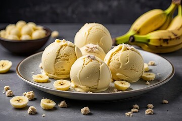Fototapeta premium Banana ice cream balls in nice plate on grey background. Frozen banana balls on sunny grey surface