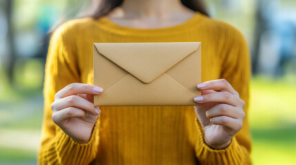 woman holds an envelope containing a mystery item, symbolizing anticipation, secrets, and the excitement of an unknown message. Her hands gently grasp the envelope, hinting at the importance of its co
