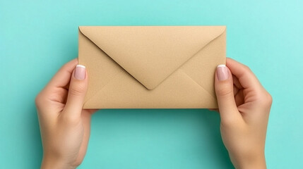 woman holds an envelope containing a mystery item, symbolizing anticipation, secrets, and the excitement of an unknown message. Her hands gently grasp the envelope, hinting at the importance of its co