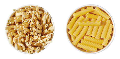 Various pasta noodle in bowl isolated on white, close up