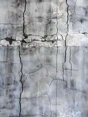 Obraz premium A weathered grey concrete wall, textured with cracks and rough surfaces, under soft natural light, evoking a sense of urban decay and industrial charm