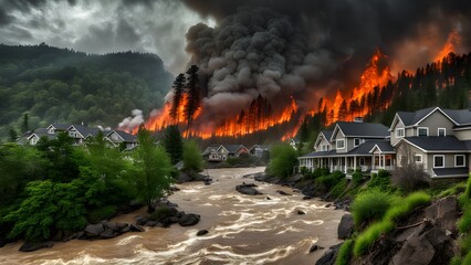 A fire is burning in the woods and the water is brown