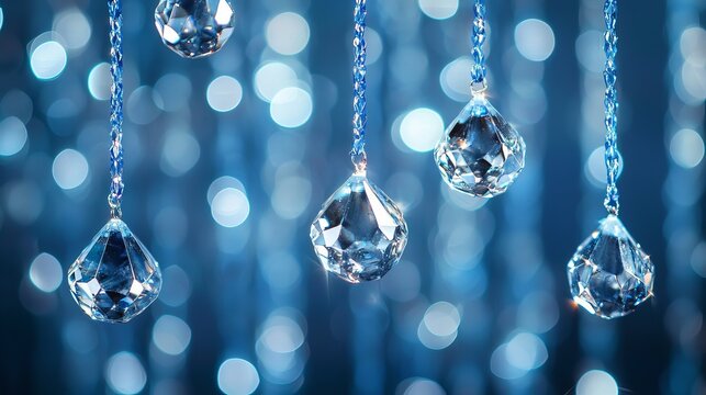 Sparkling Crystal Drops Hanging Against a Blue Glitter Background