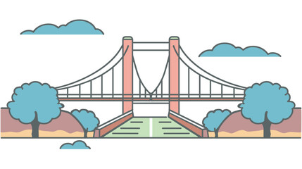 Suspension bridge spanning river, flanked trees, minimalist style. Pastel colored bridge illustration clear sky tranquil scene. Architectural landmark, symmetrical design calm nature setting