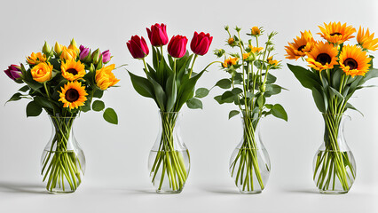 Discover Elegant Bouquets: Roses, Sunflowers, and Tulips in Vases for a Stylish and Trendy Floral Arrangement