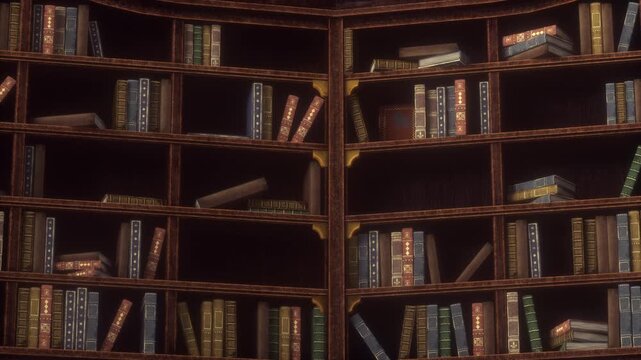 Old wooden library with books of various colors and sizes. Old books on bookshelves in a vintage library. Seamless looping animation
