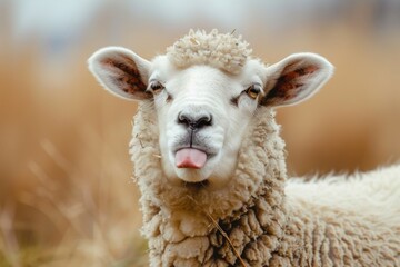 Playful Pasture Pal: A Comical Sheep's Tongue-Out Moment on a Lush Green Field, Capturing the Whimsy of Farm Life