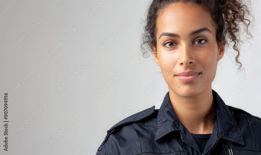 Wall mural Confident female police officer standing with arms crossed. Free copy space for text.