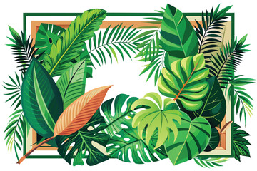 Exotic green leaves background. Natural palm leaves frame, tropical leaves frame. Vector design illustration