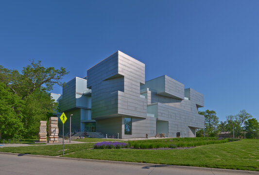 The innovative architecture welcomes and inspires the students at the Visual Arts building, University of Iowa. Iowa City, Iowa USA 05-18-24