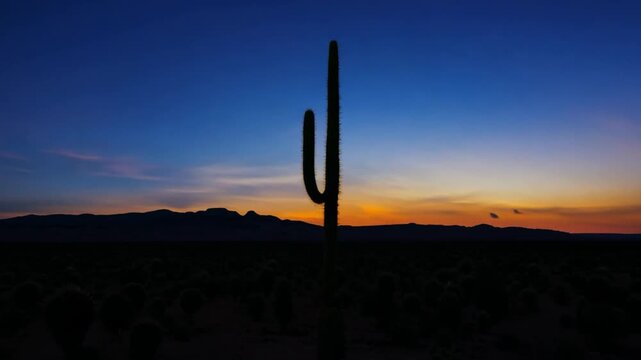 A striking sunset view with the sun setting behind a tall cactus in a vast, arid desert landscape.