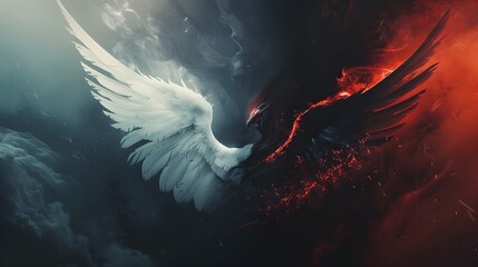 Good versus evil concept art. Glowing white angel wing contrasting with a dark evil red and black demon wing. Heaven and hell. Good and bad. Split idea of angel and demon. Fantasy cinematic style