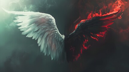 Good versus evil concept art. Glowing white angel wing contrasting with a dark evil red and black demon wing. Heaven and hell. Good and bad. Split idea of angel and demon. Fantasy cinematic style. 