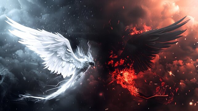 Good versus evil concept art. Glowing white angel wing contrasting with a dark evil red and black demon wing. Heaven and hell. Good and bad. Split idea of angel and demon. Fantasy cinematic style