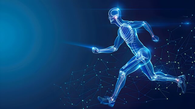 Illustration of a runner with an orthopedic x-ray interface, representing bone and joint medical treatments  - Powered by Adobe