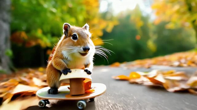 Playful squirrel riding a skateboard along a forest path during autumn, surrounded by colorful leaves.