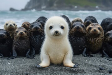 National Geographic Style Photo of a Cute Baby White Sea Lion Sitting on the Beach, Surrounded by Black and Brown Fur of Other Sea Lions with a Charming Expression

