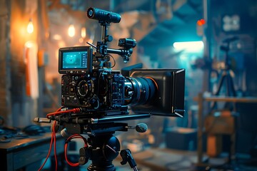 Fototapeta premium Professional camera on a tripod in a photo studio with lighting equipment.