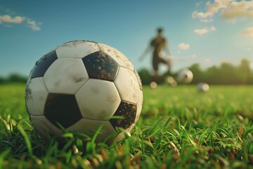 Fototapeta premium Close-up of a soccer ball on grass with a player in the background preparing for a kick during a sunny day