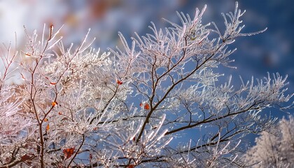 Tree branches covered with ice in winter