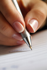 Close-up of a woman writing in a notebook.