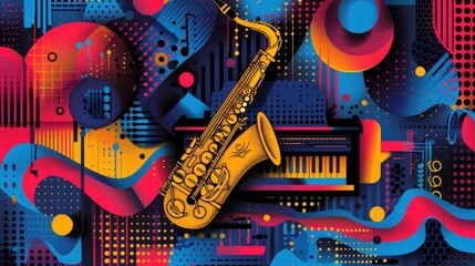 A jazz concert poster with a colorful abstract background, highlighting various instruments like the saxophone, piano, and guitar. The design includes elements of a party and festival atmosphere,