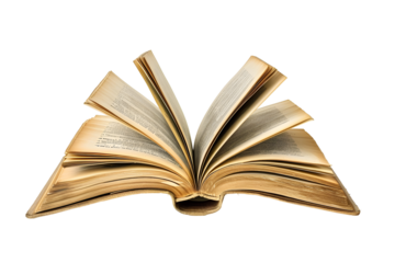 Open old book with used paper pages isolated on transparent background, png, cutout.
