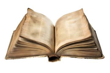 Open old blank book mockup with used paper pages isolated on transparent background. Flat lay png, cutout.
