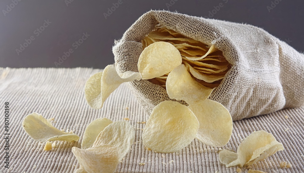 Wall mural  Potato chips tossed in the air with salt and chili pepper flakes, showcasing their crispy texture and spicy flavor. Perfect for food lovers and those who enjoy a gourmet twist on classic snacks