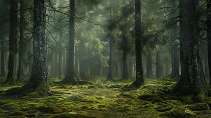 Obraz premium A Mystical Forest Path Through Mossy Glade, Digital Art, Lush Green Trees, Mist, Path, Forest, Nature