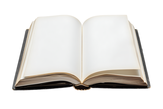 Open blank book mockup with white paper pages isolated on transparent background. Flat lay png, cutout.