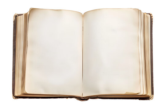 Open old blank book mockup with used paper pages isolated on transparent background. Flat lay png, cutout.