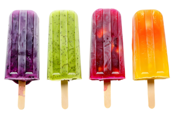 Set of colorful fruity popsicle lolly ice on transparent background. PNG, cutout clipart. Many assorted icy bars different flavour, various varieties of ice cream on a stick.