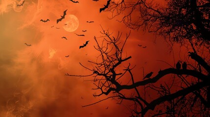 Moonlit Bats Flying Over Bare Trees at Dusk in Autumn