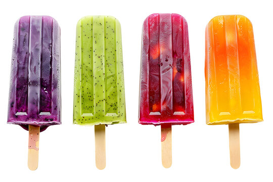 Set of colorful fruity popsicle lolly ice on transparent background. PNG, cutout clipart. Many assorted icy bars different flavour, various varieties of ice cream on a stick.