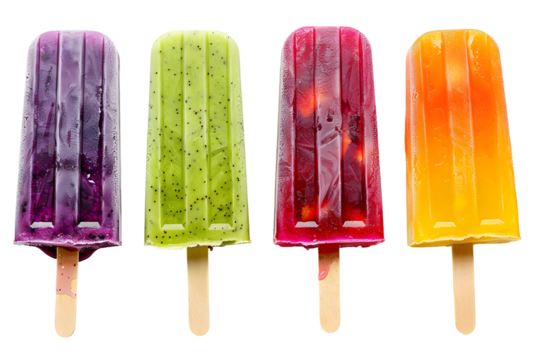 Set of colorful fruity popsicle lolly ice on transparent background. PNG, cutout clipart. Many assorted icy bars different flavour, various varieties of ice cream on a stick.