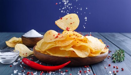 Potato chips tossed in the air with salt and chili pepper flakes, showcasing their crispy texture and spicy flavor. Perfect for food lovers and those who enjoy a gourmet twist on classic snacks