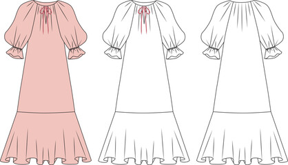 womens girls summer dress sketch, female frills summer  dress mock up, womens dress vector front and back editable technical drawings