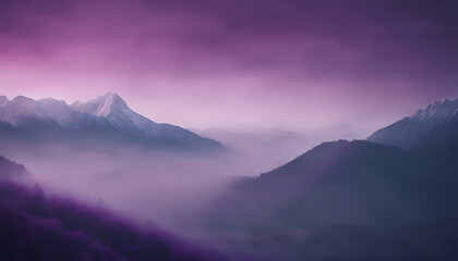 Obraz premium Majestic mountains shrouded in purple mist creating a mystical landscape. Concept of nature, tranquility, and mystery.