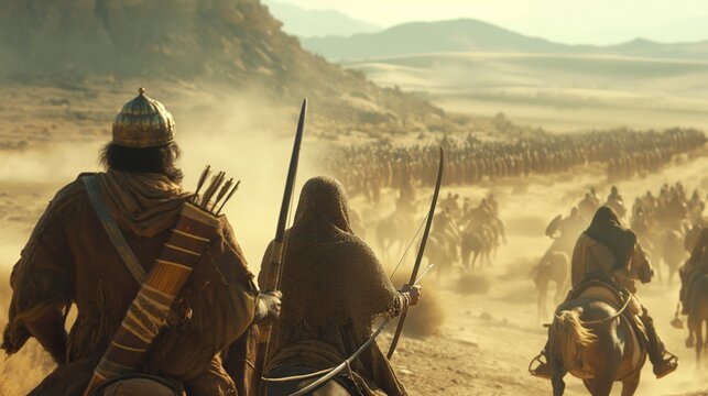 Realistic Cinematic Shot, view from backside of two muslim Warriors on foot, Shooting arrows the Distance at enemy cavalry charging towards them, In a desert