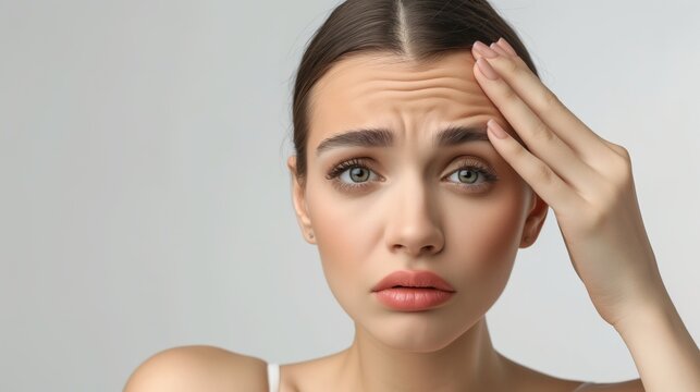 Dissatisfied stressed depressed young woman touch forehead worried about skin wrinkle isolated on studio background, cosmetology botox injection anti aging cream concept