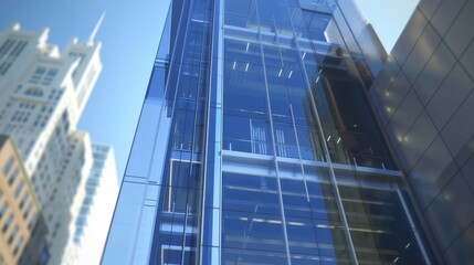 Obraz premium Low Angle Perspective of Modern Glass Building with Blue Sky Reflections, Urban Architecture, Contemporary Design, Glass Facade, Skyscraper , architecture , cityscape