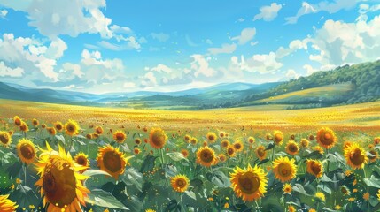 Fototapeta premium Sunflowers Field with Rolling Hills, Digital Painting, Landscape, Summer, Flowers , sunflower , field