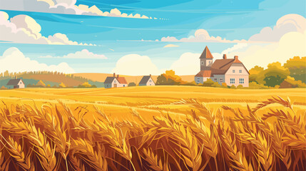 Countryside scene golden wheat field harvest time farmhouses trees sunny day blue sky clouds. Rural landscape ripe cereal crops agriculture farming village houses warmth summer panoramic view © Vectorvstocker