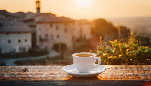 italy. a bistro table with a espresso in the middle of an old village.