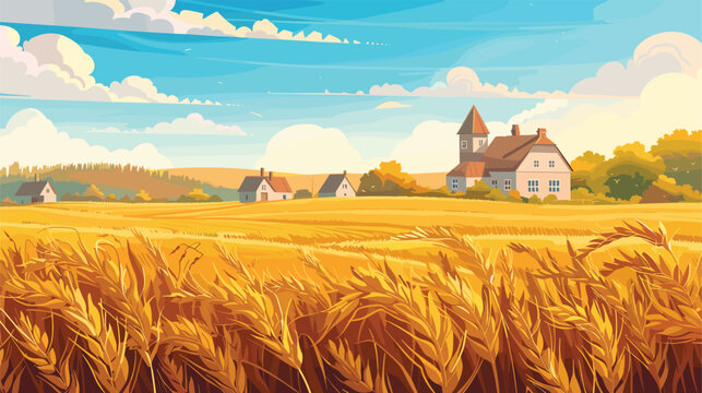 Countryside scene golden wheat field harvest time farmhouses trees sunny day blue sky clouds. Rural landscape ripe cereal crops agriculture farming village houses warmth summer panoramic view