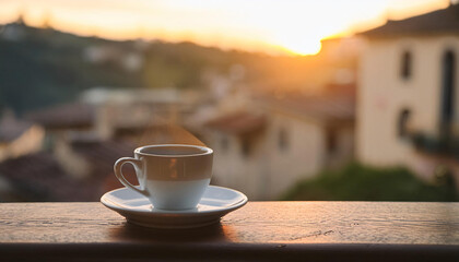 italy. a bistro table with a espresso in the middle of an old village.