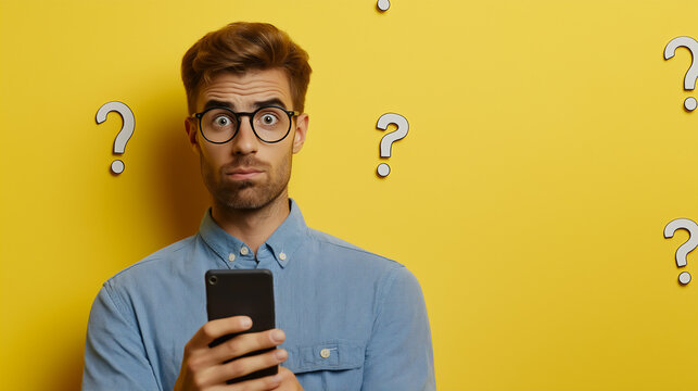 Young Caucasian man with confused expression while holding smartphone, studio shot against yellow background and white question marks